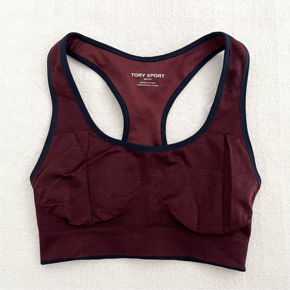 NWT Tory Burch Sports Bra Workout XS Burgundy Navy Seamless Comfort Luxe Preppy